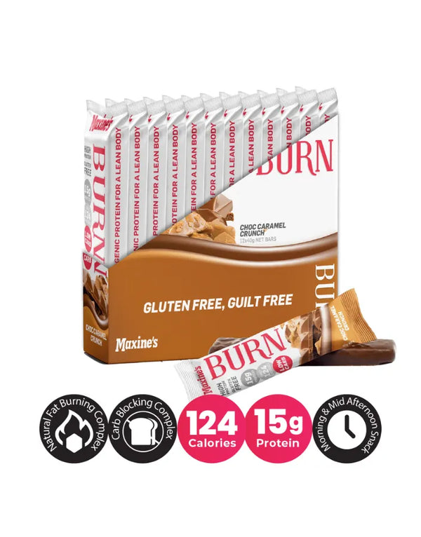 Maxine's Burn Protein Bars Choc Caramel Crunch 40g (Kotak 12) 