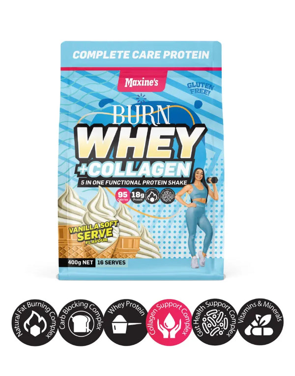 Maxine's Burn Whey + Serbuk Protein Kolagen Vanila Hidangan Lembut 400g 