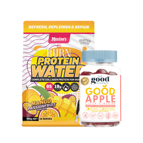 Maxine's Burn Collagen Water Mango Passionfruit 400g + Good Vitamin Gummies Cuka Epal 60s 