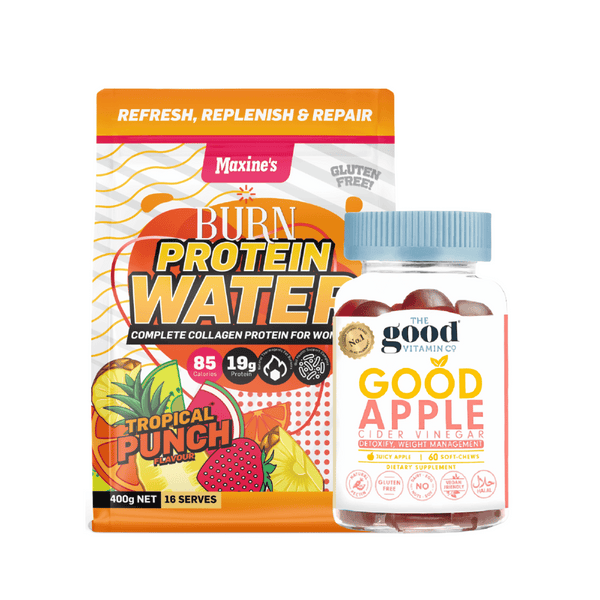 Maxine's Burn Collagen Water Tropical Punch 400g + Good Vitamin Gummies Cuka Sari Epal 60s 