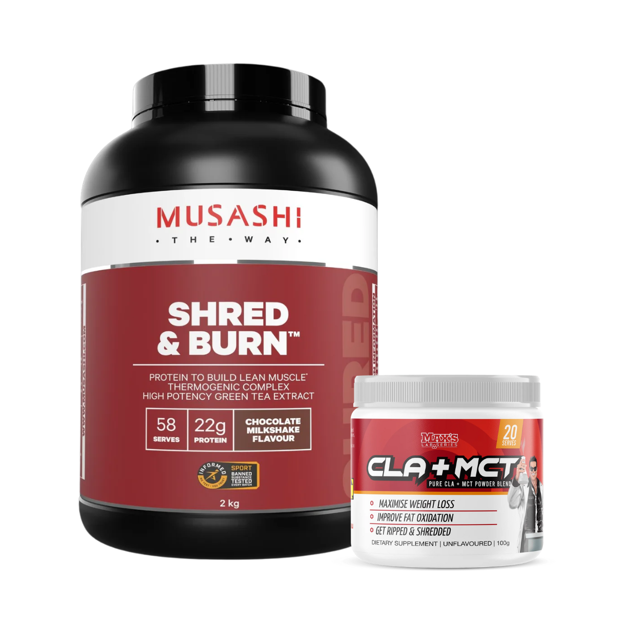 Musashi Shred & Burn Protein Powder Chocolate 2kg (FOC Max's CLA + MCT)