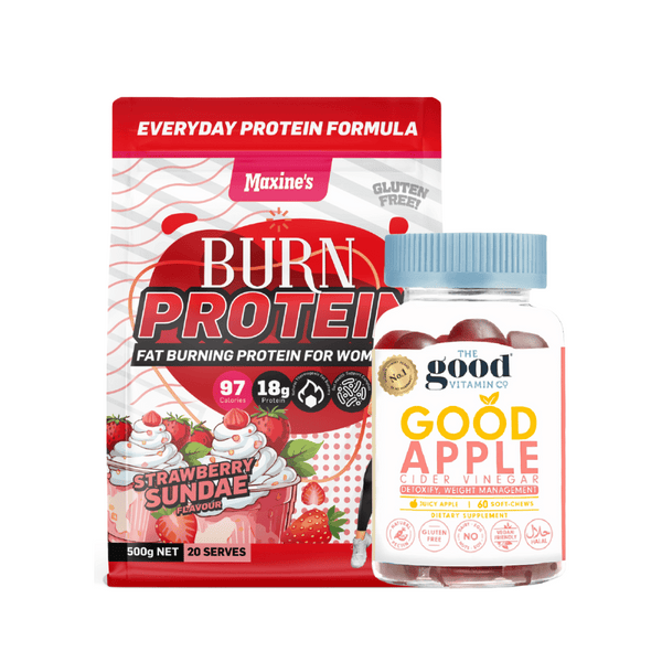 Maxine's Burn Protein Powder Strawberry Sundae 500g + Good Vitamin Gummies Cuka Cider Epal 60s 