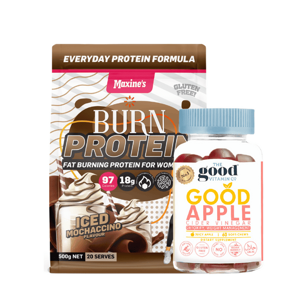 Maxine's Burn Protein Powder Ais Mochaccino 500g + Vitamin Baik Gummies Cuka Sari Epal 60an 