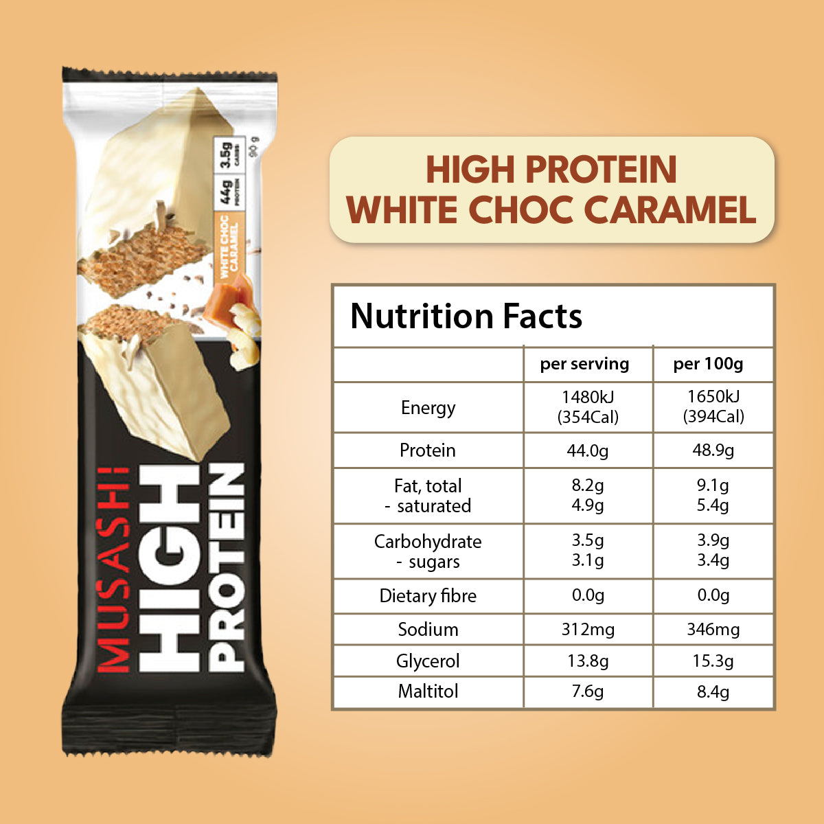 Musashi High Protein Bar White Choc Caramel 90g (Box of 12)