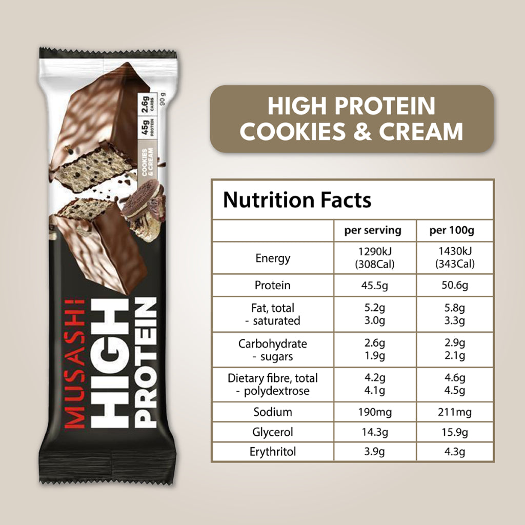 Musashi High Protein Bar Cookies & Cream 90g (Box of 12)