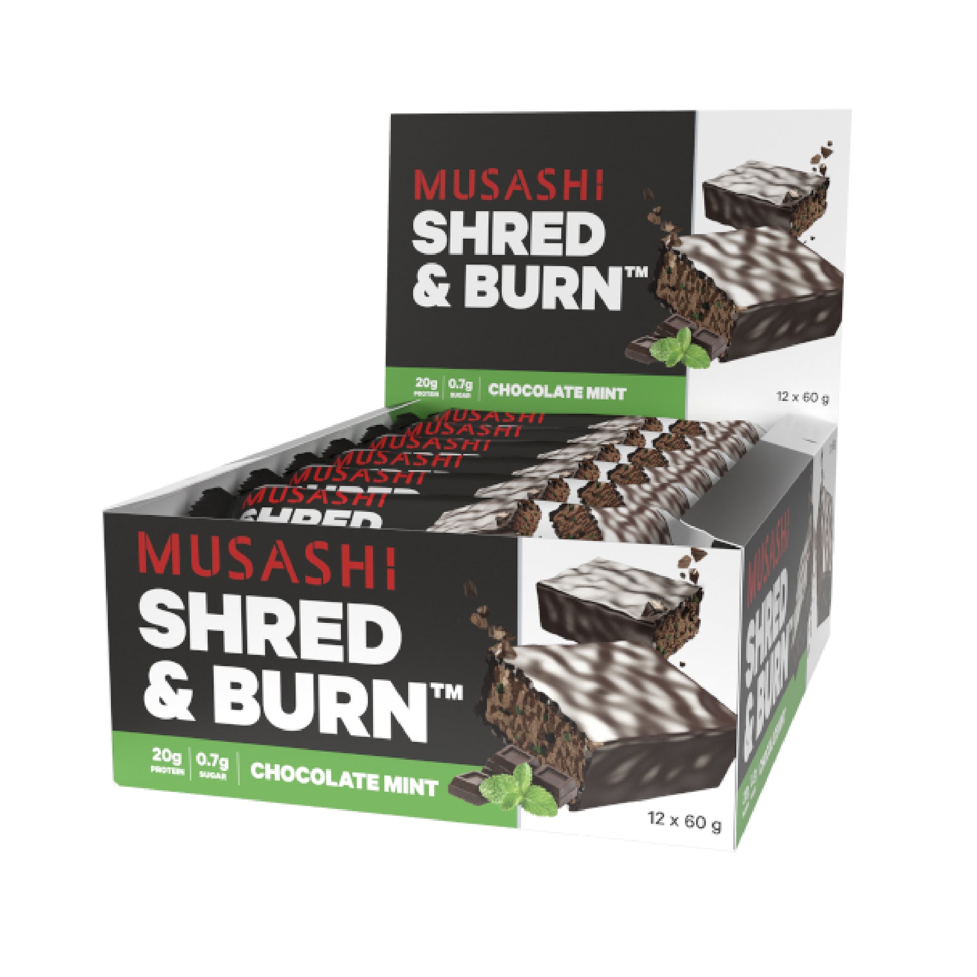 Musashi Shred&Burn Low Carb Bar Chocolate Mint 60g (Box of 12)