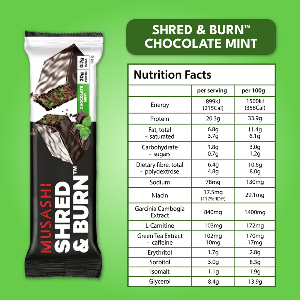 Musashi Shred&Burn Low Carb Bar Chocolate Mint 60g (Box of 12)