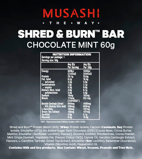 Musashi Shred&Burn Low Carb Bar Chocolate Mint 60g (Box of 12)