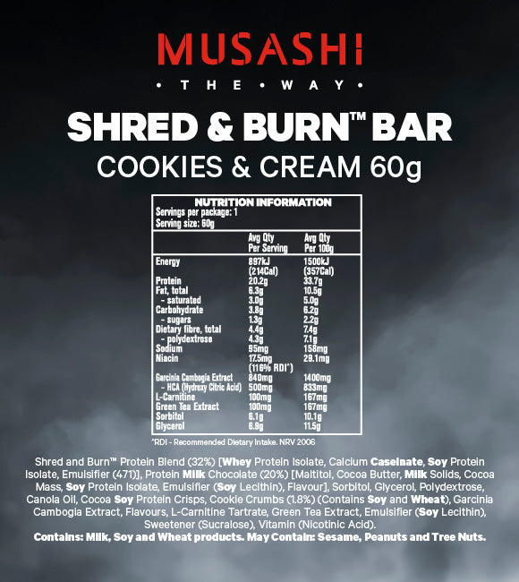 Musashi Shred&Burn Low Carb Bar Cookies&Cream 60g (Box of 12)