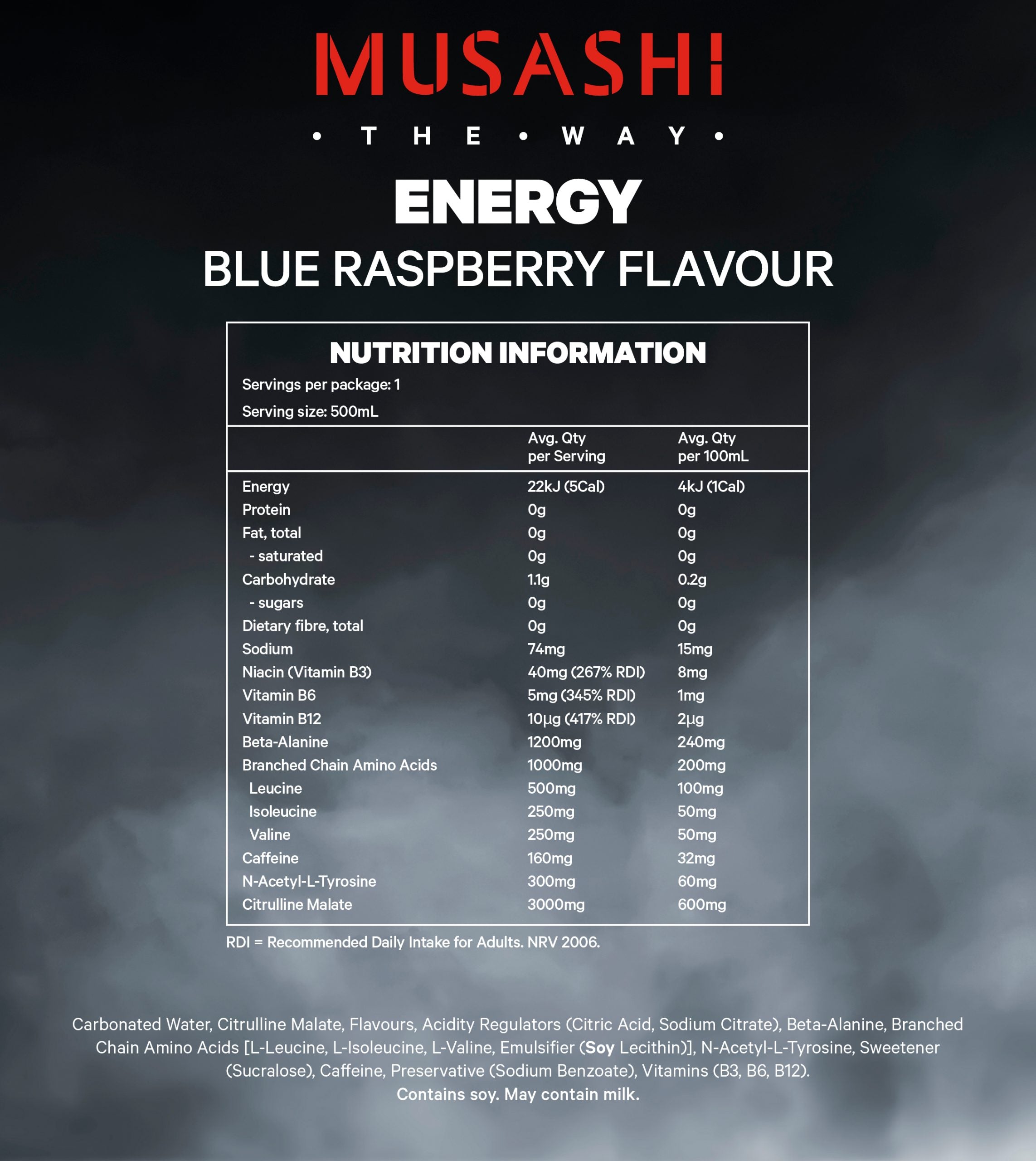 Musashi Energy Drink 500ml x 12 (Blue Raspberry) Focus | Performance | Energy | Pre-Workout