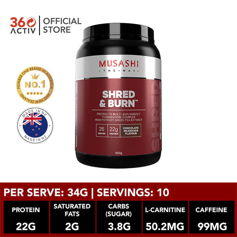 Musashi Shred And Burn Protein Powder Chocolate 900g 360activ